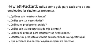 Hewlett‐Packard: utiliza como guía para cada uno de sus
empleados las siguientes preguntas
• ¿Quiénes son nuestros clientes?
• ¿Cuáles son sus necesidades?
• ¿Cuál es mi producto o servicio?
• ¿Cuáles son las expectativas de mis clientes?
• ¿Cuál es mi proceso para satisfacer sus necesidades?
• ¿Satisface mi producto o servicio sus necesidades o expectativas?
• ¿Qué acciones son necesarias para mejorar mi proceso?
 