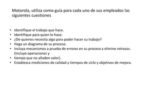Motorola, utiliza como guía para cada uno de sus empleados las
siguientes cuestiones
• Identifique el trabajo que hace.
• Identifique para quien lo hace.
• ¿De quienes necesita algo para poder hacer su trabajo?
• Haga un diagrama de su proceso.
• Incluya mecanismos a prueba de errores en su proceso y elimine retrasos.
(Incluye operaciones y
• tiempo que no añaden valor).
• Establezca mediciones de calidad y tiempos de ciclo y objetivos de mejora.
 