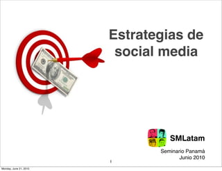 Estrategias de
                         social media




                                  SMLatam
                               Seminario Panamá
                                      Junio 2010
                        1
Monday, June 21, 2010
 