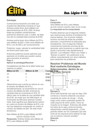 Estrategia
Comencemos haciendo una tabla que
muestre las diferentes maneras en que
Andrew puede tener doce billetes con
denominaciones de $10 y $20. Al tener
todas las posibles combinaciones,
podríamos observar cuál, o cuáles, de ellas
nos dan la cantidad total correcta de $180.
Andrew podría tener doce billetes de $10 y
cero billetes de $20, o bien once billetes de
$10 y uno de $20 y así sucesivamente.
Podemos, luego, calcular la cantidadad total
de dinero para cada caso.
Entonces podemos buscar patrones que
aparecen en la tabla que pueden usarse
para encontrar la solución.
Paso 3
Aplicar la estrategia/Resolver
Completemos las filas de la tabla hasta que
veamos un patrón.
Billetes de $10 Billletes de $20 Cantidad Total
12 0 $10(12)+$20(0)=$120
11 1 $10(11)+$20(1)=$130
10 2 $10(10)+$20(2)=$140
Observamos que cuando se reduce en uno
el número de billetes de $10 y,
simultáneamente, se incrementa en uno el
número de billetes de $20, entonces la
cantidad total se incrementa en $10. El
último valor en la tabla da una cantidad total
de $140, de modo que nos falta lograr un
incremento de $40 para alcanzar nuestra
meta. Esto significa que deberíamos reducir
en cuatro el número de billetes de $10, a la
vez que debemos incrementar en cuatro el
número de billetes de $20. De este modo
tendremos:
Seis billetes de $10 y seis billetes de $20
6($10)+6($20)=$180
Respuesta: Andrew recibe seis billetes de
$10 y seis billetes de $20
Paso 4
Comprobar
Seis billetes de $10 y seis billetes
de $20=6($10)+6($20)=$60+$120=$180.
La respuesta se ha comprobado
Puedes observar que el segundo método
que usamos para resolver el problema fue
menos tedioso. Con el primer método,
hicimos una lista de todas las posibles
opciones y encontramos la respuesta que
buscábamos. Con el segundo método,
comenzamos haciendo una lista de las
opciones, pero buscamos un patrón que nos
ayudó a encontrar más rápidamente la
solución. Los métodos “Hacer una Tabla” y
“Buscar un patrón” son poderosos si se
utilizan conjuntamente con otros métodos
para resolución de problemas.
Resolver Problemas del Mundo
Real mediante Estrategias
Seleccionadas, dentro de un
Plan más General
Ejemplo 5:
Anne está haciendo una caja sin tapa. Ella
comienza a hacerla utilizando una pieza
cuadrada de cartón de 20 plg × 20 plg,
luego corta cuatro cuadrados iguales de
cada esquina de dicho cartón, como se
muestra en la imagen. Entonces ella dobla
los lados de la caja y junta los bordes
adayacentes usando pegamento. ¿Cuán
grandes deben ser los cuadrados que ella
corta de las esquinas para obtener la caja
con el máximo volumen posible?
Solución
Paso 1
- 6 -
 