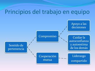 Principios del trabajo en equipo
                              Apoyo a las
                              decisiones

               Compromiso       Cuidar la
                             autoconfianza
  Sentido de                  y autoestima
 pertenencia                  de los demás

               Cooperación     Liderazgo
                 mutua        compartido
 