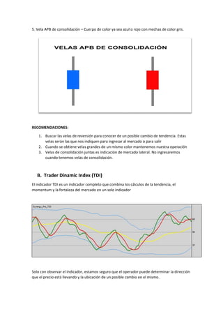 5. Vela APB de consolidación – Cuerpo de color ya sea azul o rojo con mechas de color gris.
RECOMENDACIONES:
1. Buscar las velas de reversión para conocer de un posible cambio de tendencia. Estas
velas serán las que nos indiquen para ingresar al mercado o para salir
2. Cuando se obtiene velas grandes de un mismo color mantenemos nuestra operación
3. Velas de consolidación juntas es indicación de mercado lateral. No ingresaremos
cuando tenemos velas de consolidación.
B. Trader Dinamic Index (TDI)
El indicador TDI es un indicador completo que combina los cálculos de la tendencia, el
momentum y la fortaleza del mercado en un solo indicador
Solo con observar el indicador, estamos seguro que el operador puede determinar la dirección
que el precio está llevando y la ubicación de un posible cambio en el mismo.
 