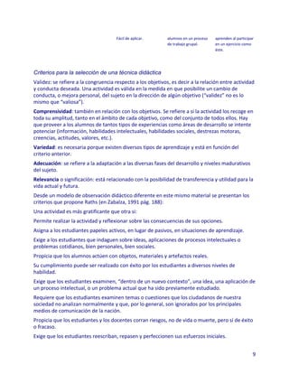 Fácil de aplicar.       alumnos en un proceso   aprenden al participar
                                                             de trabajo grupal.      en un ejercicio como
                                                                                     éste.




Criterios para la selección de una técnica didáctica
Validez: se refiere a la congruencia respecto a los objetivos, es decir a la relación entre actividad
y conducta deseada. Una actividad es válida en la medida en que posibilite un cambio de
conducta, o mejora personal, del sujeto en la dirección de algún objetivo (“validez” no es lo
mismo que “valiosa”).
Comprensividad: también en relación con los objetivos. Se refiere a si la actividad los recoge en
toda su amplitud, tanto en el ámbito de cada objetivo, como del conjunto de todos ellos. Hay
que proveer a los alumnos de tantos tipos de experiencias como áreas de desarrollo se intente
potenciar (información, habilidades intelectuales, habilidades sociales, destrezas motoras,
creencias, actitudes, valores, etc.).
Variedad: es necesaria porque existen diversos tipos de aprendizaje y está en función del
criterio anterior.
Adecuación: se refiere a la adaptación a las diversas fases del desarrollo y niveles madurativos
del sujeto.
Relevancia o significación: está relacionado con la posibilidad de transferencia y utilidad para la
vida actual y futura.
Desde un modelo de observación didáctico diferente en este mismo material se presentan los
criterios que propone Raths (en Zabalza, 1991 pág. 188):
Una actividad es más gratificante que otra si:
Permite realizar la actividad y reflexionar sobre las consecuencias de sus opciones.
Asigna a los estudiantes papeles activos, en lugar de pasivos, en situaciones de aprendizaje.
Exige a los estudiantes que indaguen sobre ideas, aplicaciones de procesos intelectuales o
problemas cotidianos, bien personales, bien sociales.
Propicia que los alumnos actúen con objetos, materiales y artefactos reales.
Su cumplimiento puede ser realizado con éxito por los estudiantes a diversos niveles de
habilidad.
Exige que los estudiantes examinen, “dentro de un nuevo contexto”, una idea, una aplicación de
un proceso intelectual, o un problema actual que ha sido previamente estudiado.
Requiere que los estudiantes examinen temas o cuestiones que los ciudadanos de nuestra
sociedad no analizan normalmente y que, por lo general, son ignorados por los principales
medios de comunicación de la nación.
Propicia que los estudiantes y los docentes corran riesgos, no de vida o muerte, pero sí de éxito
o fracaso.
Exige que los estudiantes reescriban, repasen y perfeccionen sus esfuerzos iniciales.


                                                                                                          9
 