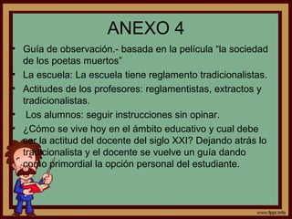 ANEXO 4
• Guía de observación.- basada en la película “la sociedad
de los poetas muertos”
• La escuela: La escuela tiene reglamento tradicionalistas.
• Actitudes de los profesores: reglamentistas, extractos y
tradicionalistas.
• Los alumnos: seguir instrucciones sin opinar.
• ¿Cómo se vive hoy en el ámbito educativo y cual debe
ser la actitud del docente del siglo XXI? Dejando atrás lo
tradicionalista y el docente se vuelve un guía dando
como primordial la opción personal del estudiante.
 