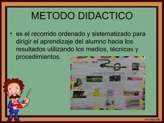 METODO DIDACTICO
• es el recorrido ordenado y sistematizado para
dirigir el aprendizaje del alumno hacia los
resultados utilizando los medios, técnicas y
procedimientos.
 
