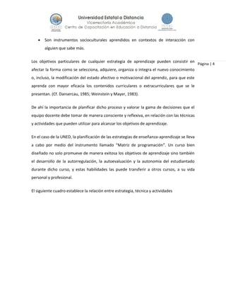 Página | 4
 Son instrumentos socioculturales aprendidos en contextos de interacción con
alguien que sabe más.
Los objetivos particulares de cualquier estrategia de aprendizaje pueden consistir en
afectar la forma como se selecciona, adquiere, organiza o integra el nuevo conocimiento
o, incluso, la modificación del estado afectivo o motivacional del aprendiz, para que este
aprenda con mayor eficacia los contenidos curriculares o extracurriculares que se le
presentan. (Cf. Dansercau, 1985; Weinstein y Mayer, 1983).
De ahí la importancia de planificar dicho proceso y valorar la gama de decisiones que el
equipo docente debe tomar de manera consciente y reflexiva, en relación con las técnicas
y actividades que pueden utilizar para alcanzar los objetivos de aprendizaje.
En el caso de la UNED, la planificación de las estrategias de enseñanza-aprendizaje se lleva
a cabo por medio del instrumento llamado “Matriz de programación”. Un curso bien
diseñado no solo promueve de manera exitosa los objetivos de aprendizaje sino también
el desarrollo de la autorregulación, la autoevaluación y la autonomía del estudiantado
durante dicho curso, y estas habilidades las puede transferir a otros cursos, a su vida
personal y profesional.
El siguiente cuadro establece la relación entre estrategia, técnica y actividades
 