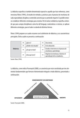 11
La didáctica específica o también denominada especial es aquella que hace referencia, como
menciona Flórez (1994), al estudio de métodos y prácticas para el proceso de enseñanza de
cadaespecialidad,disciplinaocontenidoconcretoquesepretendeimpartir.Esposibleenton-
ces establecer diferentes estrategias para enseñar. Por lo tanto, la didáctica específica entien-
de que para campos disciplinares como los del lenguaje, matemáticas o ciencias, se aplican
diferentes estrategias, pues el saber se aborda de distintas formas.
Flórez (1994) propone un cuadro resumen con la definición de didáctica y sus características
principales. Dicho cuadro se presenta a continuación:
	  ¿Qué es?  Una ciencia.
 ¿Dónde está situada?  En la educación.
Didáctica
 ¿De qué se trata? 
Estudia e interviene en el proceso de
enseñanza y aprendizaje.
 ¿Para qué sirve? 
Organiza la enseñanza y favorece el
aprendizaje de los estudiantes.
Fuente: Flórez (1994).
	
La didáctica, como indica Przesmycki (2000), se caracteriza por estar constituida por tres ele-
mentos fundamentales que forman el denominado triángulo o tríada didáctica, presentado a
continuación:
Fuente: Przesmycki (2000).
	
 