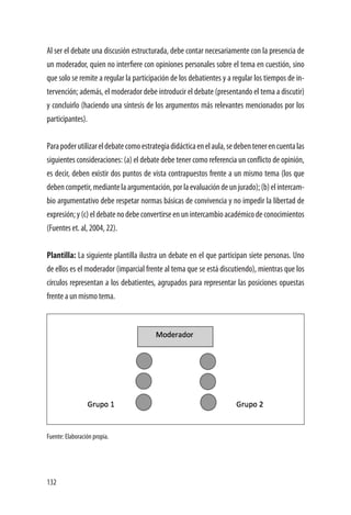 132
Al ser el debate una discusión estructurada, debe contar necesariamente con la presencia de
un moderador, quien no interfiere con opiniones personales sobre el tema en cuestión, sino
que solo se remite a regular la participación de los debatientes y a regular los tiempos de in-
tervención; además, el moderador debe introducir el debate (presentando el tema a discutir)
y concluirlo (haciendo una síntesis de los argumentos más relevantes mencionados por los
participantes).
Parapoderutilizareldebatecomoestrategiadidácticaenelaula,sedebentenerencuentalas
siguientes consideraciones: (a) el debate debe tener como referencia un conflicto de opinión,
es decir, deben existir dos puntos de vista contrapuestos frente a un mismo tema (los que
debencompetir,mediantelaargumentación,porlaevaluacióndeunjurado);(b)elintercam-
bio argumentativo debe respetar normas básicas de convivencia y no impedir la libertad de
expresión;y(c)eldebatenodebeconvertirseenunintercambioacadémicodeconocimientos
(Fuentes et. al, 2004, 22).
Plantilla: La siguiente plantilla ilustra un debate en el que participan siete personas. Uno
de ellos es el moderador (imparcial frente al tema que se está discutiendo), mientras que los
círculos representan a los debatientes, agrupados para representar las posiciones opuestas
frente a un mismo tema.
Fuente: Elaboración propia.
 