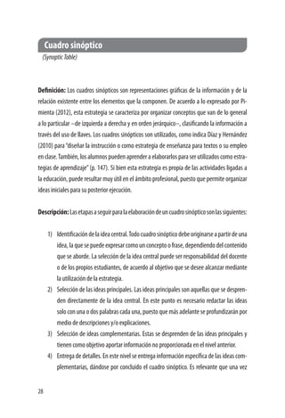 28
Cuadro sinóptico
(SynopticTable)
Definición: Los cuadros sinópticos son representaciones gráficas de la información y de la
relación existente entre los elementos que la componen. De acuerdo a lo expresado por Pi-
mienta (2012), esta estrategia se caracteriza por organizar conceptos que van de lo general
a lo particular –de izquierda a derecha y en orden jerárquico–, clasificando la información a
través del uso de llaves. Los cuadros sinópticos son utilizados, como indica Díaz y Hernández
(2010) para“diseñar la instrucción o como estrategia de enseñanza para textos o su empleo
en clase.También, los alumnos pueden aprender a elaborarlos para ser utilizados como estra-
tegias de aprendizaje”(p. 147). Si bien esta estrategia es propia de las actividades ligadas a
la educación, puede resultar muy útil en el ámbito profesional, puesto que permite organizar
ideas iniciales para su posterior ejecución.
Descripción:Lasetapasaseguirparalaelaboracióndeuncuadrosinópticosonlassiguientes:
1)	 Identificacióndelaideacentral.Todocuadrosinópticodebeoriginarseapartirdeuna
idea, la que se puede expresar como un concepto o frase, dependiendo del contenido
que se aborde. La selección de la idea central puede ser responsabilidad del docente
o de los propios estudiantes, de acuerdo al objetivo que se desee alcanzar mediante
la utilización de la estrategia.
2)	 Selección de las ideas principales. Las ideas principales son aquellas que se despren-
den directamente de la idea central. En este punto es necesario redactar las ideas
solo con una o dos palabras cada una, puesto que más adelante se profundizarán por
medio de descripciones y/o explicaciones.
3)	 Selección de ideas complementarias. Estas se desprenden de las ideas principales y
tienen como objetivo aportar información no proporcionada en el nivel anterior.
4)	 Entrega de detalles. En este nivel se entrega información específica de las ideas com-
plementarias, dándose por concluido el cuadro sinóptico. Es relevante que una vez
 