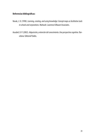39
Referencias bibliográficas:
Novak, J. D. (1998). Learning, creating, and using knowledge: Concept maps as facilitative tools
inschoolsandcorporations. Mahwah: Lawrence Erlbaum Associates.
Ausubel, D. P. (2002). Adquisición y retención del conocimiento. Una perspectiva cognitiva. Bar-
celona: Editorial Paidós.
 