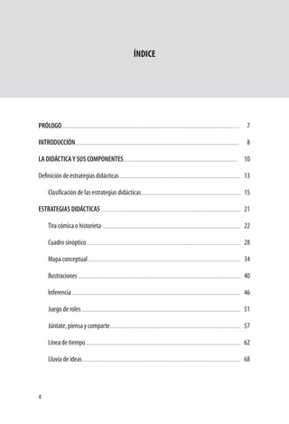 4
ÍNDICE
PRÓLOGO............................................................................................................................................. 7
INTRODUCCIÓN.................................................................................................................................. 8
LA DIDÁCTICAY SUS COMPONENTES.......................................................................................... 10
Definición de estrategias didácticas................................................................................................ 13
Clasificación de las estrategias didácticas............................................................................... 15
ESTRATEGIAS DIDÁCTICAS............................................................................................................... 21
Tira cómica o historieta.............................................................................................................. 22
Cuadro sinóptico.......................................................................................................................... 28
Mapa conceptual......................................................................................................................... 34
Ilustraciones................................................................................................................................. 40
Inferencia...................................................................................................................................... 46
Juego de roles.............................................................................................................................. 51
Júntate, piensa y comparte....................................................................................................... 57
Línea de tiempo........................................................................................................................... 62
Lluvia de ideas............................................................................................................................. 68
 