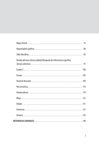 5
Mapa mental............................................................................................................................... 74
Organizadores gráficos.............................................................................................................. 80
Sillas filosóficas........................................................................................................................... 85
Barrida del texto (lectura global)/Búsqueda de información específica
(lectura selectiva)....................................................................................................................... 91
CuadroT..................................................................................................................................... 100
Ensayo.......................................................................................................................................... 105
Panel de discusión...................................................................................................................... 109
Red semántica............................................................................................................................. 114
Rompecabezas............................................................................................................................ 119
Blogs............................................................................................................................................. 125
Debate.......................................................................................................................................... 131
Entrevista..................................................................................................................................... 137
Oratoria........................................................................................................................................ 143
REFERENCIAS GENERALES.............................................................................................................. 148
 