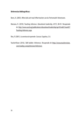 50
Referencias bibliográficas:
Beers, K. (2003). Whenkidscan’tread:Whatteacherscando. Portsmouth: Heinemann.
Marzano, R. (2010). Teaching inference. Educational Leadership, 67(7), 80-01. Recuperado
de http://www.ascd.org/publications/educational-leadership/apr10/vol67/num07/
Teaching-Inference.aspx.
Ríos, P. (2001). Laaventuradeaprender. Caracas: Cognitus, C.A.
TeacherVision (2016). Skill builder: Inferences. Recuperado de https://www.teachervision.
com/reading-comprehension/inferences
 