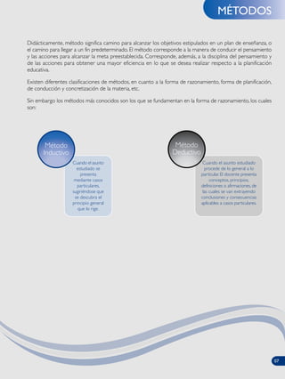 MÉTODOS
Didácticamente, método significa camino para alcanzar los objetivos estipulados en un plan de enseñanza, o
el camino para llegar a un fin predeterminado. El método corresponde a la manera de conducir el pensamiento
y las acciones para alcanzar la meta preestablecida. Corresponde, además, a la disciplina del pensamiento y
de las acciones para obtener una mayor eficiencia en lo que se desea realizar respecto a la planificación
educativa.
Existen diferentes clasificaciones de métodos, en cuanto a la forma de razonamiento, forma de planificación,
de conducción y concretización de la materia, etc.
Sin embargo los métodos más conocidos son los que se fundamentan en la forma de razonamiento, los cuales
son:
Cuando el asunto
estudiado se
presenta
mediante casos
particulares,
sugiriéndose que
se descubra el
principio general
que lo rige.
Método
Inductivo
Cuando el asunto estudiado
procede de lo general a lo
particular. El docente presenta
conceptos, principios,
definiciones o afirmaciones, de
las cuales se van extrayendo
conclusiones y consecuencias
aplicables a casos particulares.
Método
Deductivo
07
 
