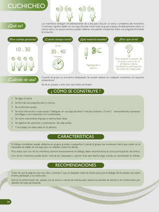 Los miembros dialogan simultáneamente de a dos para discutir un tema o problema del momento.
Cuchichear significa hablar en voz baja. De este modo todo el grupo trabaja simultáneamente sobre un
mismo tema y en pocos minutos pueden obtener una opinión compartida sobre una pregunta formulada
al conjunto.
Cuando el grupo se encuentra bloqueado. Se puede realizar en cualquier momento, no requiere
preparativos.
Se da en parejas, y esto hace que todos participen.
¿Para cuántas personas? ¿Cuánto tiempo toma? ¿Qué material necesito? ¿Para qué sirve?
1. Se elige un tema
2. Se formula una pregunta clara y concisa.
3. Se conforman parejas
4. Se da la instrucción a cada pareja:“Dialoguen en voz baja durante 5 minutos (máximo 15 min.)” intercambiando opiniones,
para llegar a una respuesta o fin consensuado.
5. Se reúne nuevamente el grupo e intercambian ideas
6. Se registran las opiniones y conclusiones de cada pareja.
7. Y se trabaja con estas ideas en la plenaria.
¿ CÓMO SE CONSTRUYE ?
El diálogo simultaneo puede utilizarse en grupos grandes o pequeños. Cuando el grupo sea numeroso habrá que insistir en la
necesidad de hablar en voz baja, para no interferir sobre los demás.
Para evitar que uno de los miembros domine excesivamente el diálogo, debe recomendarse la activa participación de ambos.
Uno de los miembros puede tomar nota de las respuestas u opinión final, para leerla luego cuando el coordinador lo solicite.
CARACTERÍSTICAS
Para obtener la opinión de
un grupo acerca de un
problema o tema,
brindando la participación
de todos los integrantes.
Papelógrafo o
pizarra.
Entre
30 y 40
minutos
10 a 30
¿Qué es?
¿Cuándo se usa?
04040404
CUCHICHEO
Tratar de que la pegunta sea muy clara y precisa.Y que se despejen todas las dudas para que el dialogo de las parejas sea sobre
el tema planteado y no sobre otro.
Instruir la conformación de parejas con el vecino o vecina de asiento, esto reducirá la pérdida de tiempo si se conformaran por
decisión de cada participante.
RECOMENDACIONES
 