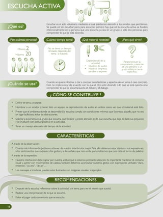 Escuchar es el acto voluntario mediante el cual prestamos atención a los sonidos que percibimos.
Se puede oír sin escuchar pero, para escuchar, primero hay que oír. La escucha activa se focaliza
intencionalmente en la persona que uno escucha, ya sea en un grupo o sólo dos personas, para
comprender lo qué se está diciendo.
Cuando se quiere informar o dar a conocer características y aspectos de un tema ó caso concreto.
Esto no implica estar de acuerdo con lo que el otro está diciendo o lo que se está oyendo sino
comprender lo que se escucha.Suscita el debate y el dialogo.
¿Qué es?
¿Cuándo se usa?
ESCUCHA ACTIVA
¿Para cuántas personas? ¿Cuánto tiempo toma? ¿Qué material necesito? ¿Para qué sirve?
Para promover la
comprensión y atención
de una persona o un
grupo sobre un tema
específico.
Dependiendo de la
actividad.
• Equipos de audio
• Material impreso
para leer o exponer.
No se tiene un tiempo
limitado, depende del
tema a tratarse.
* Definir el tema a tratarse.
* Nombrar a un orador ó tener listo un equipo de reproducción de audio, en ambos casos ver que el material esté listo.
* Prever que el ambiento donde se desarrollará la escucha cumpla con condiciones mínimas que favorezca aquello, que no sea
un lugar bullicioso, evitar las distracciones.
* Solicitar a la persona o al grupo que escucha, que focalice y preste atención en lo que escucha, que deje de lado sus prejuicios
y se involucre con actitud positiva en la actividad.
* Tener un manejo adecuado del tiempo de la actividad.
¿ CÓMO SE CONSTRUYE ?
A través de la observación:
* Cuanta más información podamos obtener de nuestro interlocutor, mejor. Para ello debemos estar atentos a sus expresiones,
a los sentimientos que expresa, a los gestos y a las señales que nos emite para indicarnos que nos cede el turno de palabra.
A través de la expresión:
* Nuestro interlocutor debe captar por nuestra actitud que le estamos prestando atención. Es importante mantener el contacto
visual y asentir con movimientos de cabeza.También debemos acompañar nuestros gestos con expresiones verbales:“claro,
entiendo”,“ya veo”, “ah-ah”…
* Los mensajes a brindarse pueden estar ilustrados con imágenes visuales o ejemplos.
CARACTERÍSTICAS
Mínimo 2
Máximo 20
16
A través de la observación:
* Cuanta más información podamos obtener de nuestro interlocutor, mejor. Para ello debemos estar atentos a sus expresiones,
a los sentimientos que expresa, a los gestos y a las señales que nos emite para indicarnos que nos cede el turno de palabra.
A través de la expresión:
* Nuestro interlocutor debe captar por nuestra actitud que le estamos prestando atención. Es importante mantener el contacto
visual y asentir con movimientos de cabeza.También debemos acompañar nuestros gestos con expresiones verbales:“claro,
entiendo”,“ya veo”, “ah-ah”…
* Los mensajes a brindarse pueden estar ilustrados con imágenes visuales o ejemplos.
CARACTERÍSTICAS
16
A través de la observación:
* Cuanta más información podamos obtener de nuestro interlocutor, mejor. Para ello debemos estar atentos a sus expresiones,
a los sentimientos que expresa, a los gestos y a las señales que nos emite para indicarnos que nos cede el turno de palabra.
A través de la expresión:
* Nuestro interlocutor debe captar por nuestra actitud que le estamos prestando atención. Es importante mantener el contacto
visual y asentir con movimientos de cabeza.También debemos acompañar nuestros gestos con expresiones verbales:“claro,
entiendo”,“ya veo”, “ah-ah”…
* Los mensajes a brindarse pueden estar ilustrados con imágenes visuales o ejemplos.
CARACTERÍSTICAS
16
A través de la observación:
* Cuanta más información podamos obtener de nuestro interlocutor, mejor. Para ello debemos estar atentos a sus expresiones,
a los sentimientos que expresa, a los gestos y a las señales que nos emite para indicarnos que nos cede el turno de palabra.
A través de la expresión:
* Nuestro interlocutor debe captar por nuestra actitud que le estamos prestando atención. Es importante mantener el contacto
visual y asentir con movimientos de cabeza.También debemos acompañar nuestros gestos con expresiones verbales:“claro,
entiendo”,“ya veo”, “ah-ah”…
* Los mensajes a brindarse pueden estar ilustrados con imágenes visuales o ejemplos.
CARACTERÍSTICAS
16
A través de la observación:
* Cuanta más información podamos obtener de nuestro interlocutor, mejor. Para ello debemos estar atentos a sus expresiones,
a los sentimientos que expresa, a los gestos y a las señales que nos emite para indicarnos que nos cede el turno de palabra.
A través de la expresión:
* Nuestro interlocutor debe captar por nuestra actitud que le estamos prestando atención. Es importante mantener el contacto
visual y asentir con movimientos de cabeza.También debemos acompañar nuestros gestos con expresiones verbales:“claro,
entiendo”,“ya veo”, “ah-ah”…
* Los mensajes a brindarse pueden estar ilustrados con imágenes visuales o ejemplos.
CARACTERÍSTICAS
RECOMENDACIONES
* Después de la escucha, reflexionar sobre la actividad y el tema, para ver el interés que suscitó.
* Realizar una interpretación de lo que se escuchó.
* Evitar el juzgar cada comentario que se escucha.
 