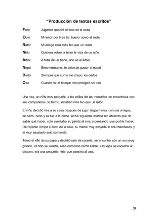 10
“Producción de textos escritos”
Foco Jugando quebré el foco de la casa
Elote Mi amor por ti es tan bueno como el elote
Ratón Mi amigo está más feo que un ratón
Niño Quisiera volver a tener la vida de un niño
Árbol A falta de un baño, uno se al árbol
Nopal Eres mexicano, te debe de gustar el nopal
Dedo Siempre que como me chupo los dedos
Oso Cuando fui al bosque me persiguió un oso
Una vez, un niño muy pequeño a las orillas de las montañas se encontraba con
sus compañeros de barrio, estaban más feo que un ratón.
El niño decidió irse a su casa después de jugar largas horas con sus amigos,
se bañó, ceno y se fue a la cama, al día siguiente estaba tan aburrido que no
sabía qué hacer, solo aventaba su pelota al aire, y pensando que podría hacer.
De repente rompe el foco de la sala, su mamá muy enojada le tira chanclasos y
el muy asustado solo corriendo.
Tomo el rifle de su papa y decidió salir de cacería, se encontró con un oso muy
grande, el niño se asustó, salió corriendo como liebre, a lo lejos se escuchó un
disparo, era una pequeña niña que asesino al oso.
 