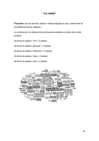 36
“La ruleta”
Propósito: que los alumnos analicen silabas elegidas al azar y determinen la
posibilidad de formar palabras.
La combinación de silabas dorma demasiadas palabras a través de la ruleta
giratoria.
Se forma la palabra: Toro = 2 silabas
Se forma la palabra: Manzana = 3 silabas
Se forma la palabra: Enfermero = 4 silabas
Se forma la palabra: Capa = 2 silabas
Se forma la palabra: saco = 2 silabas
 