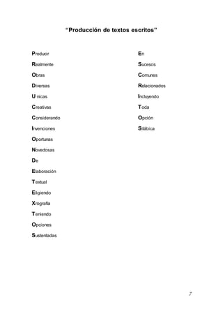 7
“Producción de textos escritos”
Producir En
Realmente Sucesos
Obras Comunes
Diversas Relacionados
U nicas Incluyendo
Creativas Toda
Considerando Opción
Invenciones Silábica
Oportunas
Novedosas
De
Elaboración
Textual
Eligiendo
Xrografía
Teniendo
Opciones
Sustentadas
 