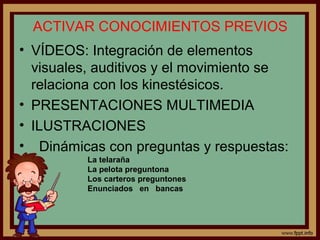 ACTIVAR CONOCIMIENTOS PREVIOS
• VÍDEOS: Integración de elementos
visuales, auditivos y el movimiento se
relaciona con los kinestésicos.
• PRESENTACIONES MULTIMEDIA
• ILUSTRACIONES
• Dinámicas con preguntas y respuestas:
La telaraña
La pelota preguntona
Los carteros preguntones
Enunciados en bancas
 