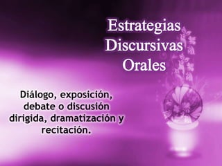 Diálogo, exposición,
    debate o discusión
dirigida, dramatización y
        recitación.
 