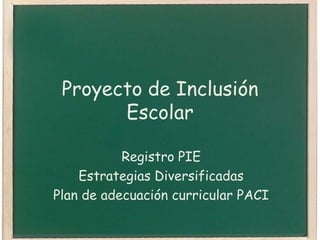 Proyecto de Inclusión
Escolar
Registro PIE
Estrategias Diversificadas
Plan de adecuación curricular PACI
 