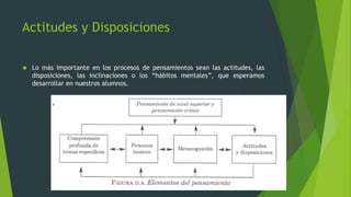 Actitudes y Disposiciones
 Lo más importante en los procesos de pensamientos sean las actitudes, las
disposiciones, las inclinaciones o los “hábitos mentales”, que esperamos
desarrollar en nuestros alumnos.
 