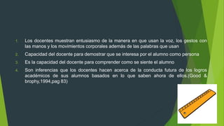 1. Los docentes muestran entusiasmo de la manera en que usan la voz, los gestos con
las manos y los movimientos corporales además de las palabras que usan
2. Capacidad del docente para demostrar que se interesa por el alumno como persona
3. Es la capacidad del docente para comprender como se siente el alumno
4. Son inferencias que los docentes hacen acerca de la conducta futura de los logros
académicos de sus alumnos basados en lo que saben ahora de ellos.(Good &
brophy,1994,pag 83)
 