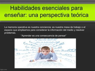 Habilidades esenciales para
enseñar: una perspectiva teórica
La memoria operativa es nuestra conciencia; es nuestra mesa de trabajo o el
espacio que empleamos para considerar la información del medio y resolver
problemas.
“Aprender es una consecuencia de pensar”
 