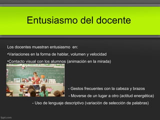 Entusiasmo del docente
Los docentes muestran entusiasmo en:
•Variaciones en la forma de hablar, volumen y velocidad
•Contacto visual con los alumnos (animación en la mirada)
- Gestos frecuentes con la cabeza y brazos
- Moverse de un lugar a otro (actitud energética)
- Uso de lenguaje descriptivo (variación de selección de palabras)
 