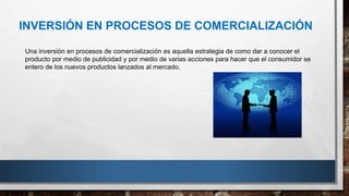 INVERSIÓN EN PROCESOS DE COMERCIALIZACIÓN
Una inversión en procesos de comercialización es aquella estrategia de como dar a conocer el
producto por medio de publicidad y por medio de varias acciones para hacer que el consumidor se
entero de los nuevos productos lanzados al mercado.
 