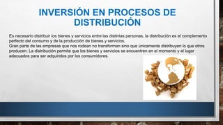 INVERSIÓN EN PROCESOS DE
DISTRIBUCIÓN
Es necesario distribuir los bienes y servicios entre las distintas personas, la distribución es el complemento
perfecto del consumo y de la producción de bienes y servicios.
Gran parte de las empresas que nos rodean no transforman sino que únicamente distribuyen lo que otros
producen. La distribución permite que los bienes y servicios se encuentren en el momento y el lugar
adecuados para ser adquiridos por los consumidores.
 