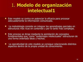 1.  Modelo de organización intelectual1 Este modelo se centra en potenciar la eficacia para procesar adecuadamente la información comunicada. La metodología consiste en integrar los aprendizajes parciales en estructuras más ricas en contenido y por lo tanto más complejas.  Este proceso se dirige mediante la asimilación de conceptos fundamentales que, como “andamiajes intelectuales” estructuran de una forma ordenada ideas y hechos. La operatividad de este modelo se consigue relacionando distintos aspectos dentro de la propia unidad de conocimiento. 