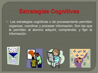  Las estrategias cognitivas o de procesamiento permiten
  organizar, coordinar y procesar información. Son las que
  le permiten al alumno adquirir, comprender, y fijar la
  información.
 