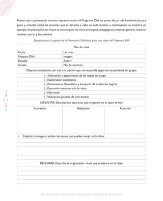 118
EDUCACIÓN INCLUSIVAY RECURSOS PARA LA ENSEÑANZA
Puesto que la planeación docente representa para el Programa DIA un punto de partida fundamental para
guiar y orientar todas las acciones que se llevarán a cabo en cada lección, a continuación se muestra un
ejemplo de planeación,en el que se contemplan los cinco principios pedagógicos (orientar,generar,rescatar,
motivar, cerrar y trascender).
Plan de clase
Fecha: Lección:
Maestro DIA: Imagen:
Escuela: Autor:
Grado: No. de alumnos:
Objetivo: seleccione con una x la opción que corresponda según las necesidades del grupo.
( )Valoración y seguimiento de las reglas del juego
( )Exploración sistemática
( )Pensamiento Hipotético y búsqueda de evidencias lógicas
( )Expresión estructurada de ideas
( )Narración
( )Valoración positiva de uno mismo
ORIENTAR: Describa los ejercicios que empleará en la clase de hoy
Activación Relajación Atención
•	 Explore la imagen y enliste los temas que puedan surgir en la clase.
RESCATAR: Describa el organizador visual que empleará en la clase.
Ejemplo para el registro de la Planeación Didáctica para una clase del Programa DIA
 