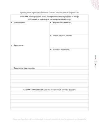119
Estrategias Específicas y Diversificadas para la atención educativa de alumnos y alumnas con discapacidad
GENERAR: Planee preguntas básica y complementarias que propicien el diálogo
con base en su objetivo y en los temas que pueden surgir.
•	 Conocimientos
•	 Experiencias
•	 Exploración sistemática
•	 Definir y aclarar palabras
•	 Construir narraciones
•	 Resumen de ideas centrales
CERRARY TRASCENDER: Describa brevemente la actividad de cierre
Ejemplo para el registro de la Planeación Didáctica para una clase del Programa DIA
 