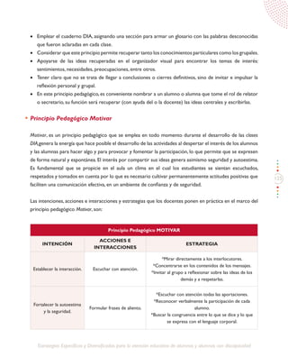 125
Estrategias Específicas y Diversificadas para la atención educativa de alumnos y alumnas con discapacidad
•	 Emplear el cuaderno DIA, asignando una sección para armar un glosario con las palabras desconocidas
que fueron aclaradas en cada clase.
•	 Considerar que este principio permite recuperar tanto los conocimientos particulares como los grupales.
•	 Apoyarse de las ideas recuperadas en el organizador visual para encontrar los temas de interés:
sentimientos, necesidades, preocupaciones, entre otros.
•	 Tener claro que no se trata de llegar a conclusiones o cierres definitivos, sino de invitar e impulsar la
reflexión personal y grupal.
•	 En este principio pedagógico, es conveniente nombrar a un alumno o alumna que tome el rol de relator
o secretario, su función será recuperar (con ayuda del o la docente) las ideas centrales y escribirlas.
Principio Pedagógico Motivar
Motivar, es un principio pedagógico que se emplea en todo momento durante el desarrollo de las clases
DIA,genera la energía que hace posible el desarrollo de las actividades al despertar el interés de los alumnos
y las alumnas para hacer algo y para provocar y fomentar la participación, lo que permite que se expresen
de forma natural y espontánea. El interés por compartir sus ideas genera asimismo seguridad y autoestima.
Es fundamental que se propicie en el aula un clima en el cual los estudiantes se sientan escuchados,
respetados y tomados en cuenta por lo que es necesario cultivar permanentemente actitudes positivas que
faciliten una comunicación efectiva, en un ambiente de confianza y de seguridad.
Las intenciones, acciones e interacciones y estrategias que los docentes ponen en práctica en el marco del
principio pedagógico Motivar, son:
Principio Pedagógico MOTIVAR
Intención
Acciones e
Interacciones
Estrategia
Establecer la interacción. Escuchar con atención.
*Mirar directamente a los interlocutores.
*Concentrarse en los contenidos de los mensajes.
*Invitar al grupo a reflexionar sobre las ideas de los
demás y a respetarlas.
Fortalecer la autoestima
y la seguridad.
Formular frases de aliento.
*Escuchar con atención todas las aportaciones.
*Reconocer verbalmente la participación de cada
alumno.
*Buscar la congruencia entre lo que se dice y lo que
se expresa con el lenguaje corporal.
 