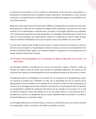 15
Estrategias Específicas y Diversificadas para la atención educativa de alumnos y alumnas con discapacidad
la evaluación del aprendizaje y de los contextos, la identificación de barreras para el aprendizaje y la
participación, la implementación de estrategias de apoyo (específicas y diversificadas, así como asesoría,
orientación y acompañamiento), la realización de ajustes razonables para asegurar la accesibilidad, entre
otros tantos aspectos.
Responder a estos requerimientos ha involucrado a la DEE y a sus profesionales en procesos de construcción
de propuestas de trabajo que han resultado de trabajos arduos, sistemáticos y que durante varios ciclos
escolares se han implementado y mejorado hasta concretarse en estrategias específicas que responden
a los requerimientos particulares de cada discapacidad y en estrategias diversificadas para la atención de
todos en el aula, estrategias cuya implementación impacta en la obtención de mejores niveles de logro
educativo mediante la flexibilización de la práctica docente, tanto en las USAER como en los CAM.
En suma, estas iniciativas hacen factible la idea de pensar un sistema educativo que favorece el acceso, la
permanencia, la participación y el aprendizaje de todos los alumnos y las alumnas con discapacidad en las
escuelas de Educación Básica regular y de Educación Especial, en congruencia con los planteamientos de
política educativa internacional y nacional.
3.2. Principios teórico-pedagógicos de las Estrategias de Apoyo al Desarrollo del Currículo y al
Aprendizaje
Las Estrategias específicas y diversificadas, son recursos que favorecen y apoyan el derecho a recibir una
educación de calidad a través de medios que promueven el aprendizaje significativo, de acuerdo con las
condiciones que resultan de cada discapacidad y de las necesidades particulares de cada alumno y alumna.
Su fundamento teórico y metodológico no se sustenta en una concepción de la discapacidad que coloca
en la persona la condición que “imposibilita” en todo caso su aprendizaje, sino que se reconoce que la
discapacidad se pone de manifiesto como resultado de una sociedad con falta de visión, de planeación, de
recursos y/o de estrategias que permitan y faciliten la participación y el aprendizaje de todas las personas
con discapacidad, en igualdad de condiciones. De manera que, por ejemplo, en una escuela y en un aula
en donde la enseñanza se basa esencialmente en el uso de medios visuales, sin otra alternativa para la
participación, un alumno con discapacidad visual, no estará recibiendo todos los beneficios curriculares y
las oportunidades para un desarrollo integral.
Las Estrategias Didácticas, son al mismo tiempo un recurso y un derecho de y para los alumnos y alumnas
con discapacidad, a recibir una educación de calidad con equidad, a través de:
 