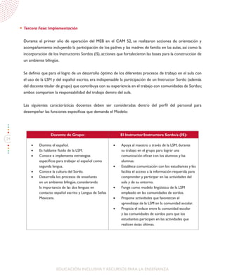 24
EDUCACIÓN INCLUSIVAY RECURSOS PARA LA ENSEÑANZA
Docente de Grupo: El Instructor/Instructora Sordo/a (IS):
•	 Domina el español.
•	 Es hablante fluido de la LSM.
•	 Conoce e implementa estrategias
específicas para trabajar el español como
segunda lengua.
•	 Conoce la cultura del Sordo.
•	 Desarrolla los procesos de enseñanza
en un ambiente bilingüe, considerando
la importancia de las dos lenguas en
contacto: español escrito y Lengua de Señas
Mexicana.
•	 Apoya al maestro a través de la LSM, durante
su trabajo en el grupo para lograr una
comunicación eficaz con los alumnos y las
alumnas.
•	 Establece comunicación con los estudiantes y les
facilita el acceso a la información requerida para
comprender y participar en las actividades del
aula y de su entorno.
•	 Funge como modelo lingüístico de la LSM
empleado en las comunidades de sordos.
•	 Propone actividades que favorezcan el
aprendizaje de la LSM en la comunidad escolar.
•	 Propicia el enlace entre la comunidad escolar
y las comunidades de sordos para que los
estudiantes participen en las actividades que
realicen éstas últimas.
Tercera Fase: Implementación
Durante el primer año de operación del MEB en el CAM 52, se realizaron acciones de orientación y
acompañamiento incluyendo la participación de los padres y las madres de familia en las aulas, así como la
incorporación de los Instructores Sordos (IS), acciones que fortalecieron las bases para la construcción de
un ambiente bilingüe.
Se definió que para el logro de un desarrollo óptimo de los diferentes procesos de trabajo en el aula con
el uso de la LSM y del español escrito, era indispensable la participación de un Instructor Sordo (además
del docente titular de grupo) que contribuya con su experiencia en el trabajo con comunidades de Sordos;
ambos comparten la responsabilidad del trabajo dentro del aula.
Las siguientes características docentes deben ser consideradas dentro del perfil del personal para
desempeñar las funciones específicas que demanda el Modelo:
 
