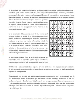 34
EDUCACIÓN INCLUSIVAY RECURSOS PARA LA ENSEÑANZA
En el caso de la niña ciega o el niño ciego, es totalmente necesario promover la realización de ejercicios y
actividades que le brinden información táctil a partir de seguir líneas marcadas con carretilla o punteadas con
punzón, que le den realce o textura a la hoja de papel. Este tipo de estimulación es fundamental para lograr
que posteriormente se le facilite recuperar una mayor cantidad de información de su entorno, mediante
el tacto. En primera instancia se propone iniciar con ejercicios
vivenciales donde el alumno o alumna realice desplazamientos
en trayectos cortos, siguiendo un camino con bordes trazados
previamente en el piso para posteriormente ir acotando los
trazos al plano de una hoja.
En la consolidación del esquema corporal, el niño normo visual
adquiere mediante el sentido de la vista, conceptos como el
tamaño, la ubicación, los colores y los trazos. Sus experiencias
cotidianas le proveen de mucha información, incluida la
información asociada con la escrita,ya que a través de anuncios,
de las envolturas de los productos, los carteles, entre otros,
se inician en el reconocimiento de las letras, los números y las
formas.Una vez que inician su escolarización,estos aprendizajes
se formalizan y se sistematizan.
En este mismo proceso, poco a poco van consolidando su
lateralidad a partir de actividades que les implican identificar la
mano con la que escriben,el lado por donde inicia la escritura,etc.
Paralelamente a la consolidación de su esquema corporal, con la niña o niño ciegos, se trabaja la asociación
de seis puntos de su cuerpo con los correspondientes al cuadratín de escritura en Braille y asociado al
esquema del signo generador.
Cada cuadratín está formado por seis puntos ubicados en dos columnas con tres puntos cada una. En
este momento del trabajo, es importante que el alumno o la alumna identifique la ubicación de cada uno
(arriba, medio, abajo y derecha, izquierda) y los asocie con su esquema corporal de manera que el punto
1 corresponde a su hombro derecho, el punto 2 a su hombro izquierdo, el punto 3 al lado derecho de la
cadera y el punto 4 al lado izquierdo de la misma, el punto 5 corresponde a la rodilla derecha y el punto 6
a la rodilla izquierda.
 