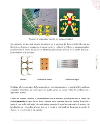 35
Estrategias Específicas y Diversificadas para la atención educativa de alumnos y alumnas con discapacidad
Esta asociación les permitirá iniciarse formalmente en la escritura del Sistema Braille. Una vez que
identifican perfectamente estos puntos en su cuerpo, se irán realizando actividades en las cuales se reduce
paulatinamente el tamaño del espacio en donde los representarán: primero en un cartón de huevo y
posteriormente en el cuadratín.
Para llegar a la representación de los seis puntos en estos dos espacios, es necesario también que hayan
consolidado el concepto de número para que puedan contar los puntos, realizar las combinaciones y
representar las letras.
Cuando los alumnos y alumnas ya han identificado estos 6 puntos en su cuerpo, se inicia el trabajo con
el signo generador, a través del uso de un cartón de huevo en donde ubican los espacios de derecha a
izquierda y de arriba hacia abajo, colocando pelotas pequeñas de unicel en cada espacio de acuerdo con
la indicación que reciben. Este proceso favorece el conteo, la motricidad fina de rastreo, la prensión de
objetos y el conocimiento de los espacios.
Huevera
Asociación de los puntos del cuadratín con el esquema corporal
Cuadratín de madera Cuadratín en regleta
 