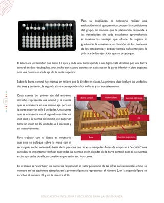 38
EDUCACIÓN INCLUSIVAY RECURSOS PARA LA ENSEÑANZA
Para su enseñanza, es necesario realizar una
evaluación inicial que permita conocer las condiciones
del grupo, de manera que la planeación responda a
las necesidades de cada estudiante aprovechando
al máximo las ventajas que ofrece. Se sugiere ir
graduando la enseñanza, en función de los procesos
de los estudiantes y dedicar tiempo suficiente para la
práctica de los ejercicios que se propongan.
El ábaco es un bastidor que tiene 13 ejes y cada uno corresponde a un dígito. Está dividido por una barra
central en dos rectángulos, uno ancho con cuatro cuentas en cada eje en la parte inferior y otro angosto,
con una cuenta en cada eje de la parte superior.
Sobre la barra central hay marcas en relieve que la dividen en clases. La primera clase incluye las unidades,
decenas y centenas, la segunda clase corresponde a los millares y así sucesivamente.
Cada cuenta del primer eje del extremo
derecho representa una unidad y la cuenta
que se encuentra en ese mismo eje pero en
la parte superior vale 5 unidades.Una cuenta
que se encuentre en el segundo eje inferior
vale diez y la cuenta del mismo eje superior
tiene un valor de 50 unidades o 5 decenas y
así sucesivamente.
Para trabajar con el ábaco es necesario
que éste se coloque sobre la mesa con el
rectángulo ancho orientado hacia de la persona que lo va a manipular.Antes de empezar a “escribir” una
cantidad, es importante verificar que todas las cuentas estén alejadas de la barra central, pues si las cuentas
están apartadas de ella, se considera que están escritos ceros.
En el ábaco se “escriben” los números respetando el valor posicional de las cifras convencionales como se
muestra en los siguientes ejemplos: en la primera figura se representar el número 2, en la segunda figura se
escribió el número 24 y en la tercera el 54.
Eje
Cuentas inferioresBarra central Relieve clase
Base Cuentas superiores
 
