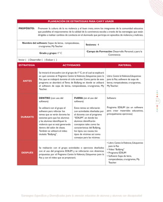 83
Estrategias Específicas y Diversificadas para la atención educativa de alumnos y alumnas con discapacidad
PLANEACIÓN DE ESTRATEGIAS PARA CAMY USAER
PROPÓSITO: 	 Promover la cultura de la no violencia y el buen trato, entre los integrantes de la comunidad educativa
que posibilita el mejoramiento de la calidad de la convivencia escolar, a través de las estrategias que están
dirigidas a realizar cambios de conducta en el alumnado que participa en episodios de violencia y maltrato.
Nombre del software: Sopas de letras, rompecabezas,
crucigramas, My Teacher
Sesiones: 4
Grado y grupo: 1º C
Campo de Formación: Desarrollo Personal y para la
Convivencia
Iniciar ( ) Desarrollar ( ) Evaluar ( )
ESTRATEGIA ACTIVIDADES MATERIAL
ANTES
Se iniciará el encuadre con el grupo de 1º C,en el cual se explicará
en qué consiste el Programa Contra la Violencia, Eduquemos para la
Paz, que se trabajará durante el ciclo escolar. Como parte de este
programa se abordará el Tema de Bullying en donde se utilizará
el software de sopa de letras, rompecabezas, crucigramas, My
Teacher.
Libro Contra laViolencia.Eduquemos
para la Paz, software de sopa de
letras, rompecabezas, crucigramas,
My Teacher.
DURANTE
DENTRO (con uso del
software)
Se utilizará con el grupo el
software para reforzar los
temas que se verán durante las
sesiones para que los alumnos
y las alumnas identifiquen la
violencia que se está generando
dentro del salón de clases.
También se utilizará el video
titulado “Bullying”.
FUERA (sin el uso del
software)
Estos temas se reforzarán
con actividades diseñadas por
el docente con el programa
“EDILIM”, en donde los
alumnos identificarán
conceptos tales como: las
características del Bullying,
los tipos, sus causas, los
tipos de víctimas así como
consejos para las víctimas.
Software:
Programa EDILIM (es un software
para crear materiales educativos,
principalmente ejercicios)
DESPUÉS
Se realizarán con el grupo actividades o ejercicios diseñados
con el uso del programa EDILIM y se reforzarán con dinámicas
propuestas por el Programa Contra la Violencia, Eduquemos para la
Paz y con el video que se proyectará.
•	Libro Contra laViolencia, Eduquemos
para la Paz
•	Video “Bullying”
•	Programa EDILIM
•	Software Sopa de letra,
rompecabezas, crucigramas, My
Teacher.
 