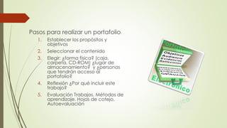 Pasos para realizar un portafolio:
1. Establecer los propósitos y
objetivos
2. Seleccionar el contenido
3. Elegir: ¿forma física? (caja,
carpeta, CD-ROM) ¿lugar de
almacenamiento? y ¿personas
que tendrán acceso al
portafolio?
4. Reflexión ¿Por qué incluir este
trabajo?
5. Evaluación Trabajos. Métodos de
aprendizaje. Hojas de cotejo.
Autoevaluación
 