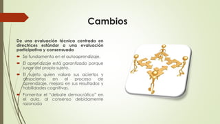 Cambios
De una evaluación técnica centrada en
directrices estándar a una evaluación
participativa y consensuada
 Se fundamenta en el autoaprendizaje.
 El aprendizaje está garantizado porque
surge del propio sujeto.
 El sujeto quien valora sus aciertos y
desaciertos en el proceso de
aprendizaje, mejora en sus resultados y
habilidades cognitivas.
 Fomentar el “debate democrático” en
el aula, al consenso debidamente
razonado
 