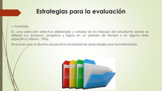 Estrategias para la evaluación
1. Portafolio
Es una colección selectiva deliberada y variada de los trabajos del estudiante donde se
reflejan sus esfuerzos, progresos y logros en un período de tiempo y en alguna área
específica (Villarini, 1996).
Sirve para que el alumno proyecte la diversidad de aprendizajes que ha interiorizado.
 