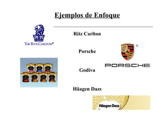 Ejemplos de Enfoque
Ritz Carlton
Porsche
Godiva
Häagen Dazs
 