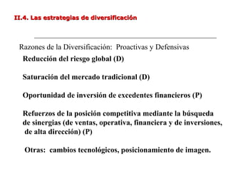 II.4. Las estrategias de diversificaciónII.4. Las estrategias de diversificación
Razones de la Diversificación: Proactivas y Defensivas
Reducción del riesgo global (D)
Saturación del mercado tradicional (D)
Oportunidad de inversión de excedentes financieros (P)
Refuerzos de la posición competitiva mediante la búsqueda
de sinergias (de ventas, operativa, financiera y de inversiones,
de alta dirección) (P)
Otras: cambios tecnológicos, posicionamiento de imagen.
 