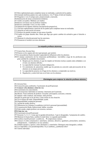 263.Hora suplementaria para completar tareas no realizadas, a petición de los padres.
264.Llamada telefónica padres tras cada incidencia. A la 3ª llama el Jefe de Estudios.
265.Preguntar si ven el castigo justo, proporcionado y merecido.
266.Realización de tareas comunitarias/solidarias.
267.Tardes con padres. Mañanas con madres
268.Recreo con tareas con un profesor rotatorio.
269.Recreo controlado. Cerca, en sitio visible.
270.Separación de algunas materias (incorporación progresiva).
271.Una hora suplementaria a petición de los padres para completar tareas no realizadas.
272.Atención en aula social con tareas.
273.Profesor de guardia receptor en una mesa al pasillo.
274.Cambio de grupo durante días. Hasta que diga que quiere cambiar de actitud/se gane el derecho a
volver.
275.Mantener la relación personal tras las sanciones.
276.Pronunciar el nombre con tono afectuoso
La empatía profesor-alumnos.
277.Caerse bien, llevarse bien.
278.Ponerse en los zapatos del otro (qué pensará, qué sentirá).
279.Es una poderosa fuente de poder (capacidad de influencia) sobre los alumnos.
280.El manejo constructivo de las situaciones problemáticas –inevitables- exige de los profesores una
gran cantidad de cualidades emocionales:
• Respeto por los alumnos, lo que les impide ser hirientes incluso cuando están enfadados o en
el trato con alumnos difíciles.
• La capacidad de manejar la propia indignación.
• Un sentimiento de autoestima estable que les permita no convertir cada provocación de los
alumnos en un ataque personal.
• La capacidad de ponerse en el lugar de los alumnos y comprender sus motivos.
• Regulación y control del tono en el trato con los alumnos.
Estrategias para mejorar la relación profesor-alumno
281.Llevarse bien.
282.Conocerlos para cambiarlos. Cuestionario de perfil personal.
283.Conocer a los alumnos: cómo los veo.
284.Cuestionario de conocimiento.
285.Conversaciones informales en mesetas: interesarse por la persona.
286.Meseta. Fuera uniforme de profesor. Escuchar, preocuparse, acercarse, conectar.
287.Separar: mala conducta, mal alumno, mala persona.
288.Qué les gusta-qué se les da bien. Cómo serían en otra situación.
289.Ver lo bueno del malo. Disponibilidad, ayuda.
290.Disponibilidad, aceptación personal.
291.Actitud de ayuda, positiva.
292.Diferenciar en el alumno lo académico (rol) de lo personal (personalidad).
293.Comunicación fluida, bidireccional: hablar, escuchar.
294.Pedir ayuda a algún profesor con recursos, carisma…
295.Cómo me ven.
296.Cuestionario de perfil personal.
297.Encuesta 3 x 3 x 3. 3 cosas que te agraden del profesor, 3 que te desagraden, 3 propuestas de cambio.
298.Mantener la buena fama, cambiar la mala fama. La segunda oportunidad.
299.Cambiar el perfil personal a cambio de...  compromisos mutuos.
300.Conocer el estilo comunicativo: autoritario, amistoso, directivo, igualitario, protocolario, sarcástico,
sobreprotector... Cambiarlo si no nos satisface.
301.Enfados (propios y ajenos): cómo afrontarlos y controlarlos. Distinguir entre desagrado y enfado.
302.Los imposibles y los pseudoimposibles. Si yo cambiara, ¿cambiarían ellos?
303.Tutoría individual.
 