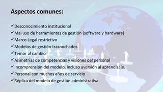 Aspectos comunes:Aspectos comunes:
Desconocimiento institucional
Mal uso de herramientas de gestión (software y hardware)
Marco Legal restrictivo
Modelos de gestión trasnochados
Temor al cambio
Asimetrías de competencias y visiones del personal
Incomprensión del modelo, incluso aversión al aprendizaje.
Personal con muchos años de servicio
Réplica del modelo de gestión administrativa
 